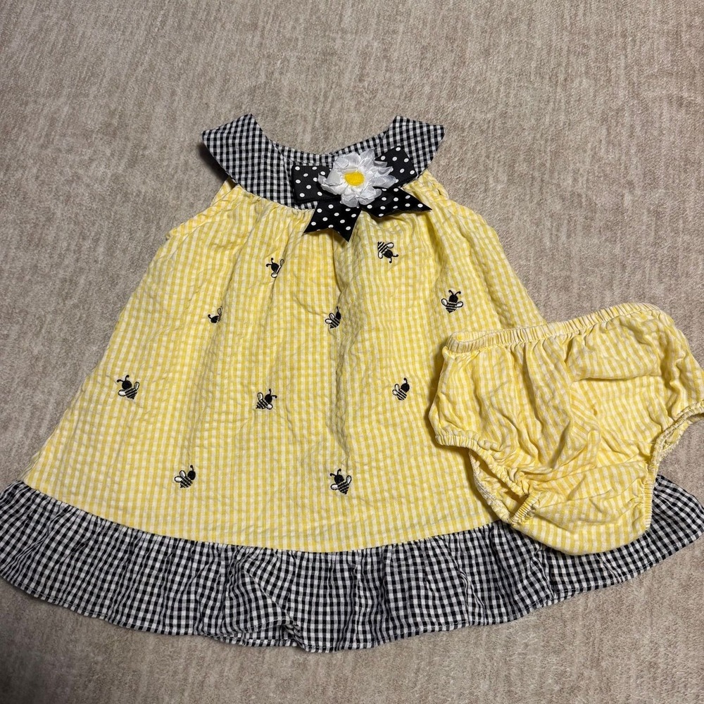 Seersucker gingham bee‎ dress girls set